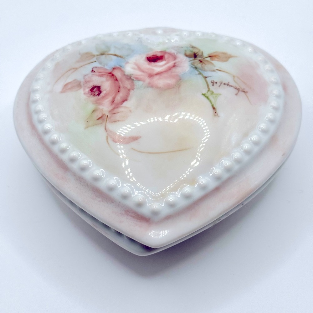 Vintage Porcelain Heart Shaped Trinket Box Hand Painted Flowers Rose Jo Johnagin